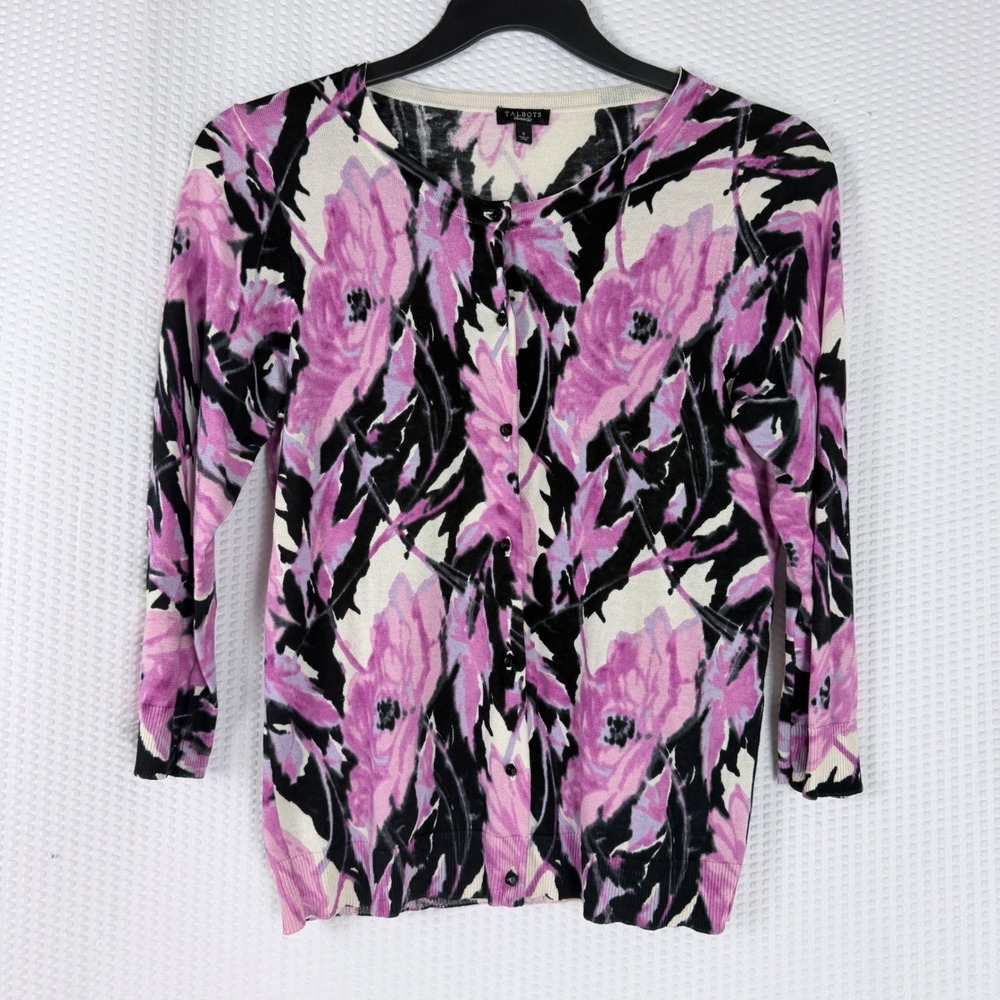 Talbots Cardigan Silk Cotton Women Small Pink Floral Preppy Spring Office Button